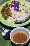 Thai Traditional Spicy Fried Rice With Chili Paste,fried  Mackerel,crispy Pork  And Local Vegetable Stock Photo