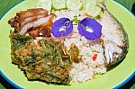 Thai Traditional Spicy Fried Rice With Chili Paste,fried  Mackerel,crispy Pork  And Local Vegetable Stock Photo