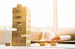 The Blocks Wood Tower Game With Architectural Engineer Plans Or Stock Photo