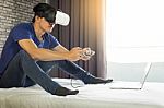 The Vr Headset Design Is Generic And No Logos, Man Wearing Virtu Stock Photo