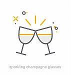 Thin Line Icons, Sparkling Champagne Glasses Stock Photo