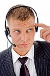 Thinking Businessman On Call Stock Photo