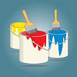 Three Buckets Of Paint  And Paint Brush Stock Photo