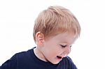 Toddler Blond And Blue Eyes Boy Child With Various Facial Expres Stock Photo