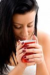 Top View Of Female Holding Coffee Mug On An Isolated Background Stock Photo