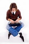 Top View Of Sitting Man Working With Computer Stock Photo