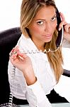 Top View Of Smiling Lawyer Busy On Phone Stock Photo