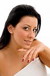 Top View Of Smiling Woman Looking At Camera On An Isolated Background Stock Photo