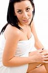 Top View Of Woman After Taking Bath With White Background Stock Photo