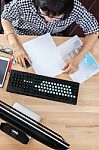 Top View Of Working Woman Computing Table In Office Life Theme Stock Photo