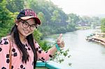 Tourist On Death Railway Bridge Viewpoint Stock Photo