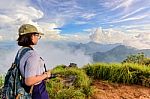 Tourist Teen Girl On Phu Chi Fa Mountain Stock Photo