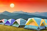 Tourist Tent With Beautiful Sunset Background Stock Photo