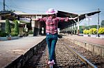 Tourists Woman Are Enjoying The Train Station Stock Photo