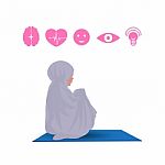 Traditionally Clothed Muslim Woman Making A Supplication (salah) While Sit Down On A Praying With Icon. Illustration Stock Photo