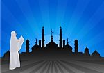 Traditionally Clothed Muslim Woman Making A Supplication (salah) While Standing On A Praying Rug Against The Backdrop Of The Mosque. Illustration Stock Photo