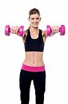 Trainer Holding Dumbbells In Her Outstretched Arms Stock Photo