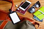 Travel Tag And Bag With Tourist Accessories Stock Photo