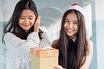 Two Asia Thai High School Student Best Friends Beautiful Girl Happy New Year And Give A Gift Friends Stock Photo