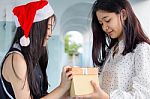 Two Asia Thai High School Student Best Friends Beautiful Girl Happy New Year And Give A Gift Friends Stock Photo