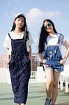 Two Asia Thai High School Student Best Friends Beautiful Girl Smile And Funny Stock Photo