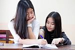 Two Asia Thai High School Student Uniform Best Friends Beautiful Girl Reading Book Stock Photo