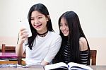 Two Asia Thai High School Student Uniform Best Friends Beautiful Girl Reading Book Stock Photo