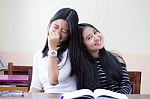 Two Asia Thai High School Student Uniform Best Friends Beautiful Girl Reading Book Stock Photo