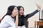 Two Asia Thai Teen Best Friends Girls Make Picture Selfie Pic Stock Photo