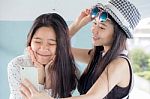 Two Asia Thai Teen Best Friends Girls Make Picture Selfie Pic Stock Photo