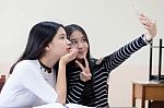 Two Asia Thai Teen Best Friends Girls Make Picture Selfie Pic Stock Photo