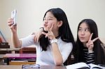 Two Asia Thai Teen Best Friends Girls Make Picture Selfie Pic Stock Photo