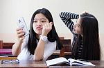 Two Asia Thai Teen Best Friends Girls Make Picture Selfie Pic Stock Photo