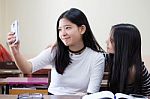 Two Asia Thai Teen Best Friends Girls Make Picture Selfie Pic Stock Photo