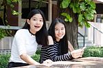 Two Asia Thai Teen Best Friends Girls Smile And Funny Stock Photo