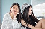 Two Asia Thai Teen Best Friends Girls Smile And Funny Stock Photo