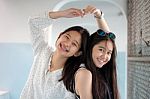 Two Asia Thai Teen Best Friends Girls Smile And Funny Stock Photo