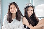 Two Asia Thai Teen Best Friends Girls Smile And Funny Stock Photo