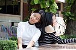 Two Asia Thai Teen Best Friends Girls Smile And Funny Stock Photo