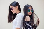 Two Asia Thai Teen Best Friends Girls Smile And Funny Stock Photo