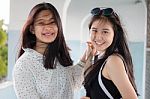 Two Asia Thai Teen Best Friends Girls Smile And Funny Stock Photo