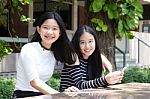 Two Asia Thai Teen Best Friends Girls Smile And Funny Stock Photo