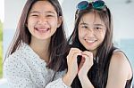 Two Asia Thai Teen Best Friends Girls Smile And Funny Stock Photo