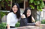 Two Asia Thai Teen Best Friends Girls Smile And Funny Stock Photo