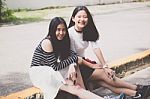 Two Asia Thai Teen Best Friends Girls Smile And Funny Stock Photo