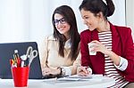 Two Young Businesswomen Working With Laptop In Her Office Stock Photo