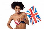 United Kingdom Supporter In American Flag Bikini Stock Photo