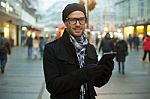 Urban Man Holdin Tablet Computer On Street Stock Photo