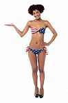 Usa Flag Bikini Model Presenting Copy Space Stock Photo