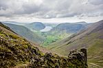 Valley With A Lake And Hills Stock Photo